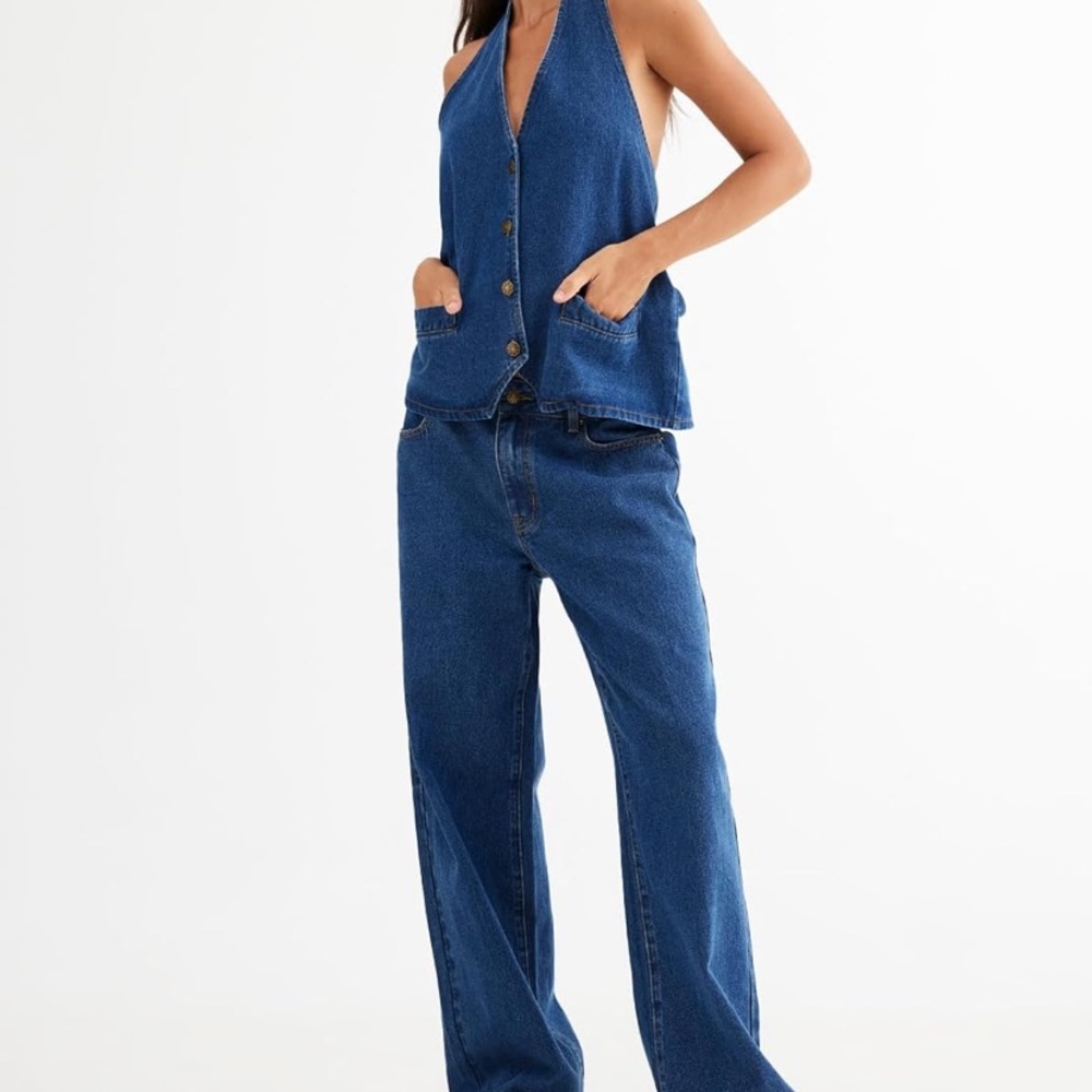 Backless Tank Top and Wide Leg Jeans Denim Set